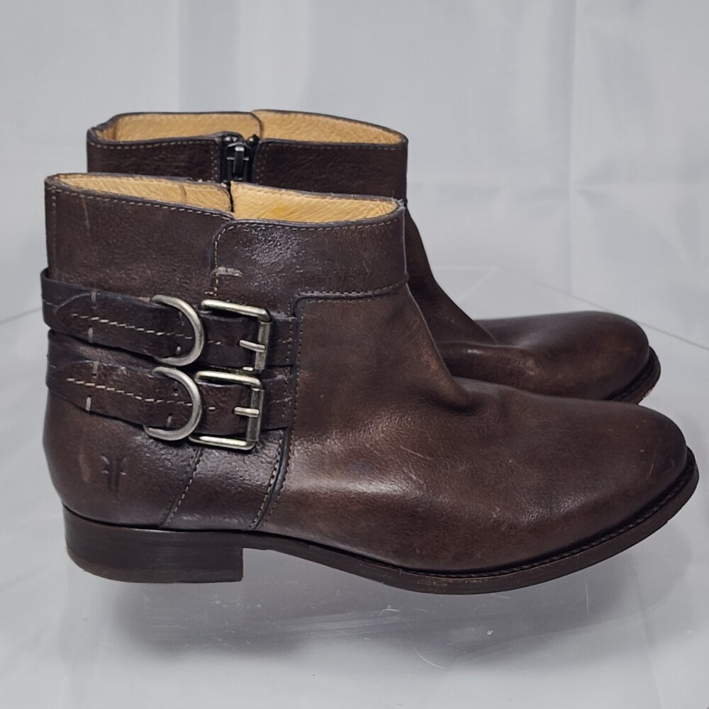 Frye Women 7.5 Charcoal Brown Leather Molly D Ring Short Side Buckle Ankle Boots